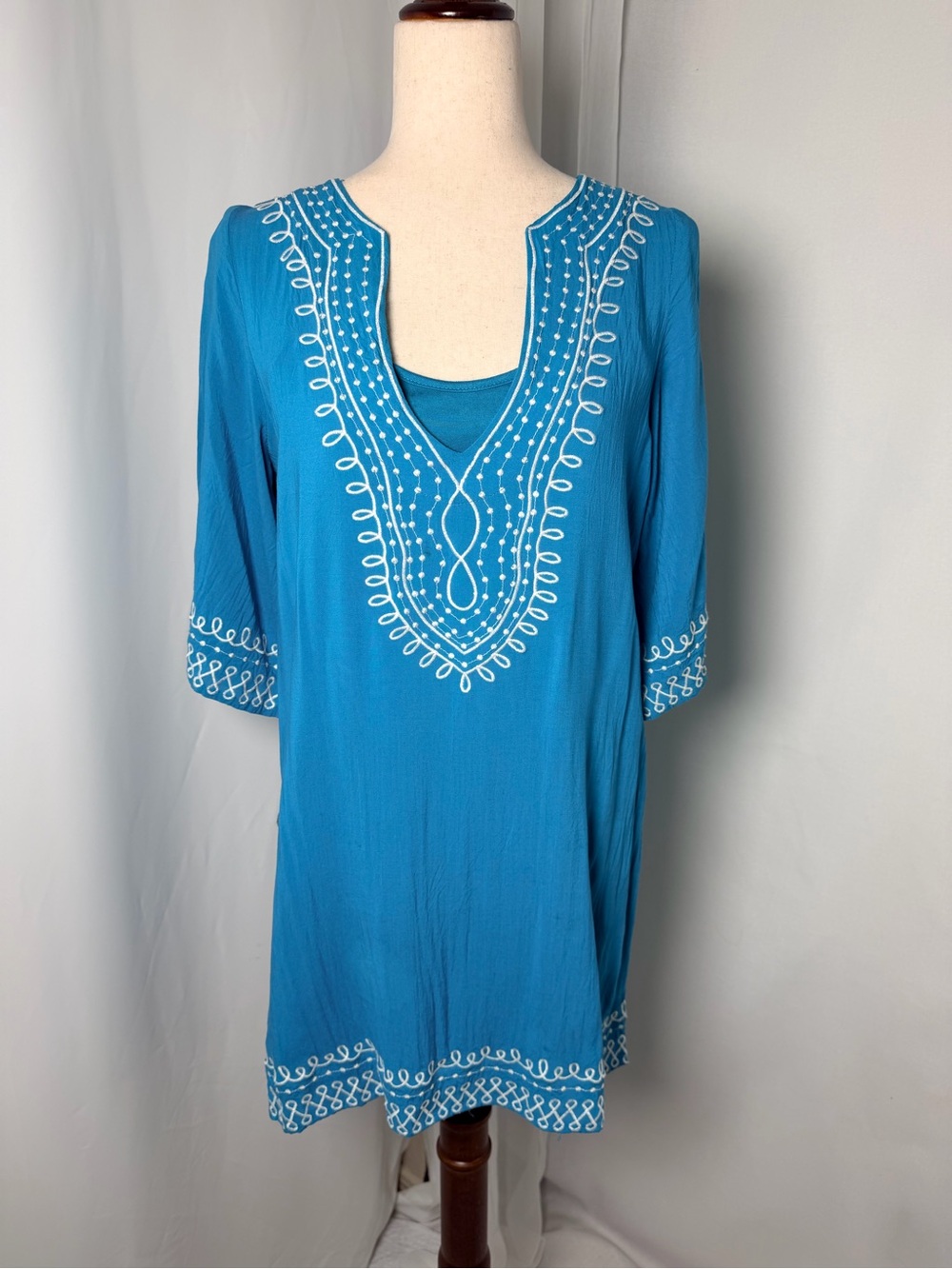 Maria Reno Boho Embroidered Split Neck Tunic Blouse Azure Blue Medium